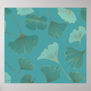 Poster Luxueux or Ginkgo, papier peint vintage.