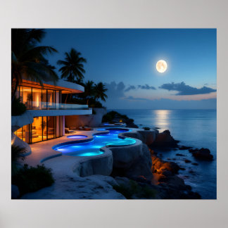 Poster Luxury Moonlit Villa – Modern Ocean Night Aestheti