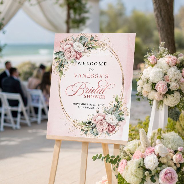 Poster Luxury Rose Gold Flowers Greenery Bridal Shower  (Luxury Rose Gold Flowers Greenery Bridal Shower Sign)