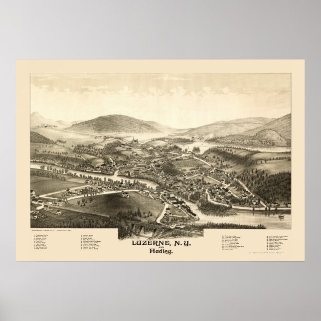 Poster Luzerne & Hadley, NY Carte panoramique - 1887 (Devant)