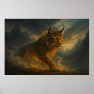 Poster Lynx doré mystique dans le brouillard du coucher d