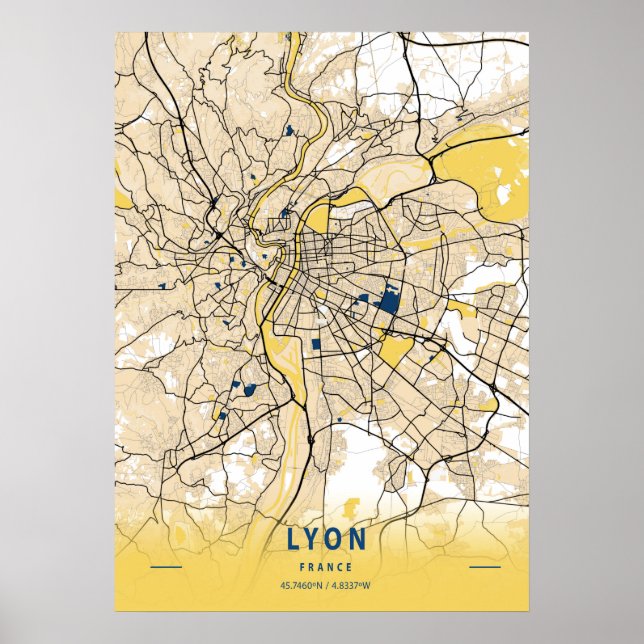 Poster Lyon - France Carte de la ville jaune (Devant)