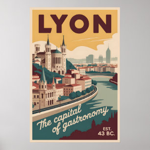 Poster Lyon France Rétro Ciel Ville Voyage