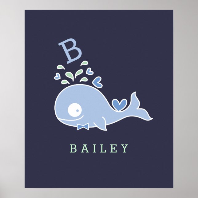 Poster M. Whale Bow Cravate Monogram Boy Nursery Wall Art (Devant)