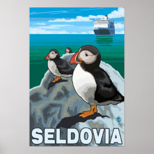 Poster Macareux et bateau de croisière - Seldovia, Alaska