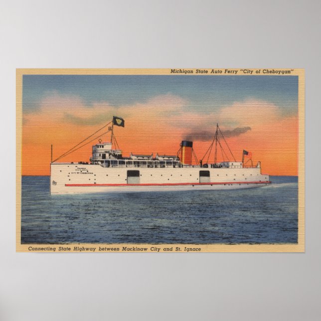 Poster Mackinaw City, MI - Vue de la ville de Cheboygan (Devant)