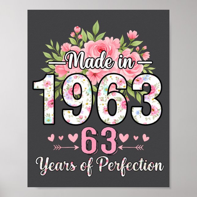 Poster Made In 1963 Floral 63rd Birthday Women 63 Years O (Devant)