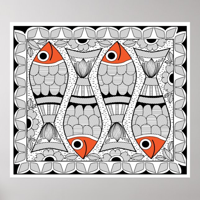 Poster Madhubani 4 poissons (Devant)