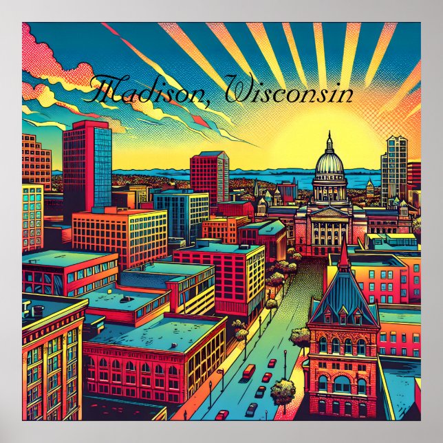 Poster Madison, Wisconsin City Skyline au Sunset (Devant)