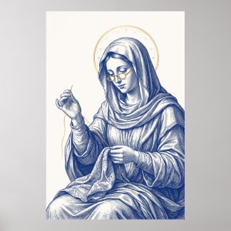 Poster Madone brodant avec un halo doré et des lunettes