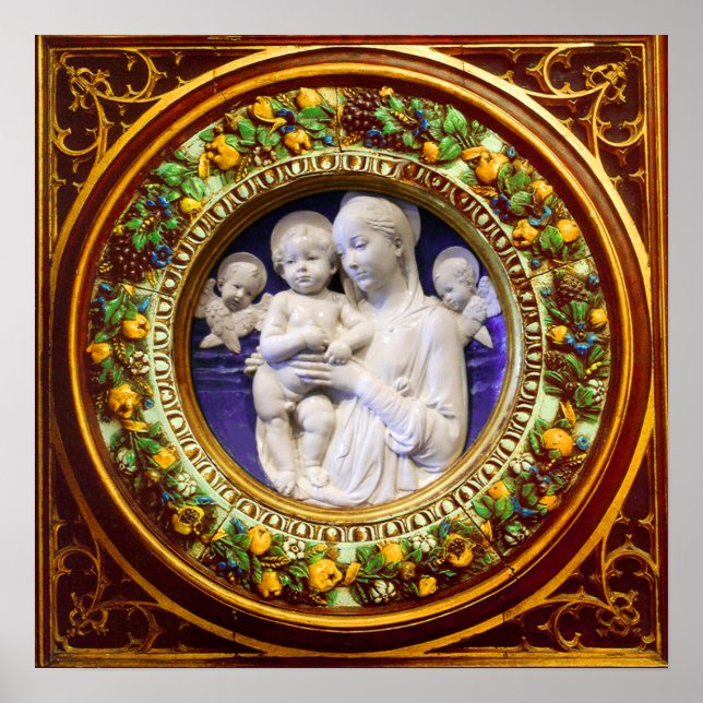 POSTER MADONNA AVEC ENFANT, ANGES RENAISSANCE FLORALE COU (Devant)