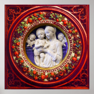 POSTER MADONNA WITH CHILD,ANGELS RENAISSANCE FLORAL CROWN