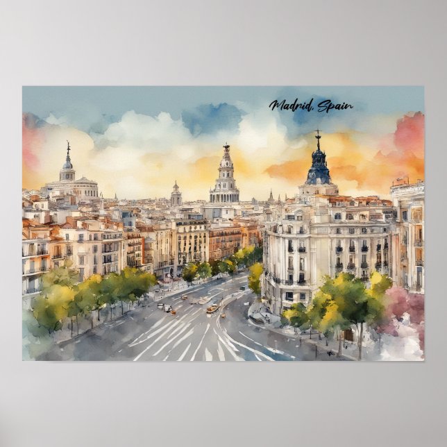 Poster Madrid Espagne Ville Silhouette Aquarelle Peinture (Devant)
