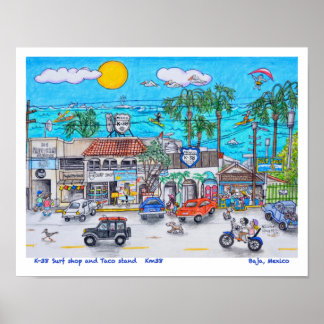 Poster Magasin de Surfs K-38 et stand Taco, Baja, Mexique