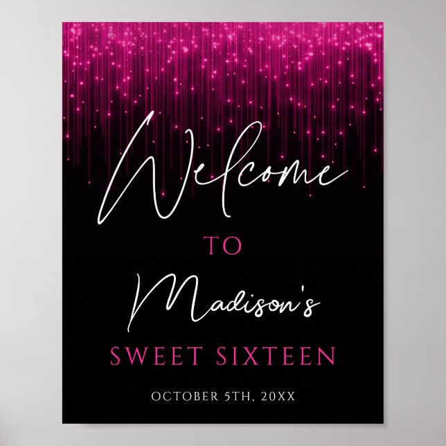 Poster Magenta Rose Lights Black Sweet 16 Bienvenue (Devant)