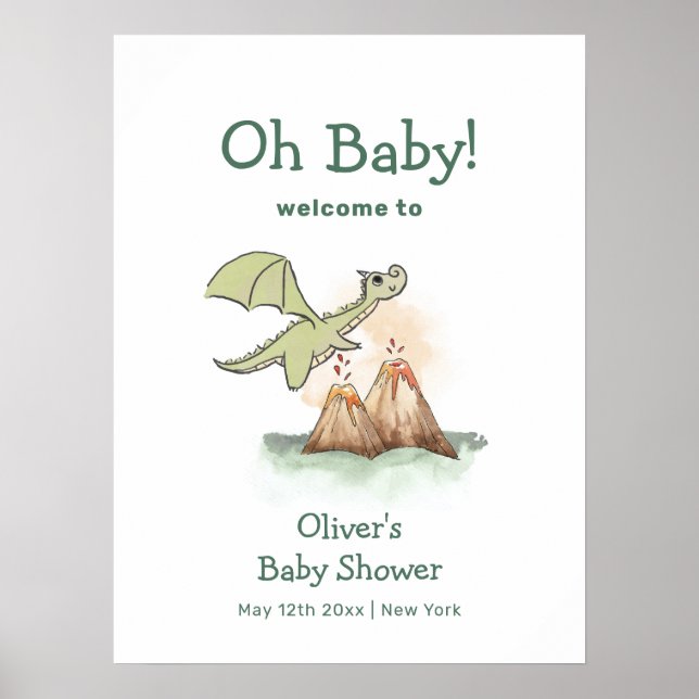Poster Magic Dragon Mountain Boy Baby shower Bienvenue (Devant)