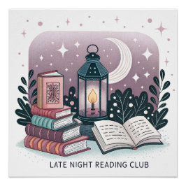 Poster Magic Late Night Reading Club Lantern Book Stack
