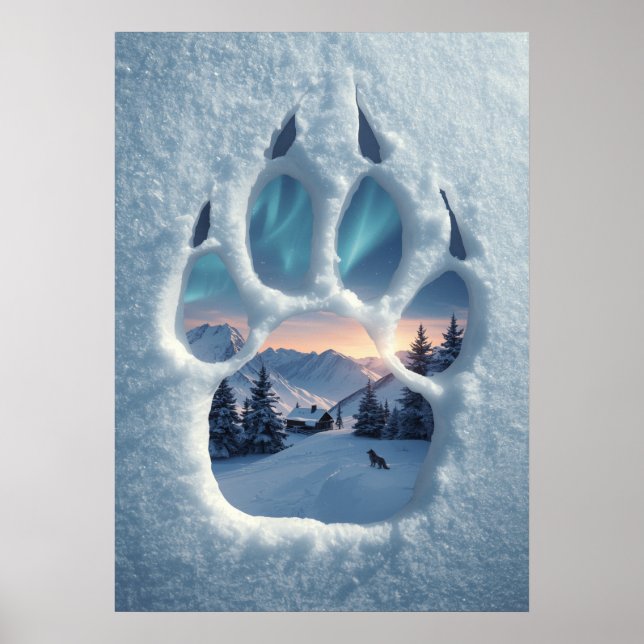 Poster Magical Wolf Paw Print Winter Landscape (Devant)