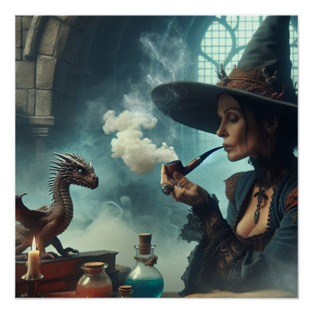 Poster Magicien Sorcière Dragon Fantasy Art (Devant)