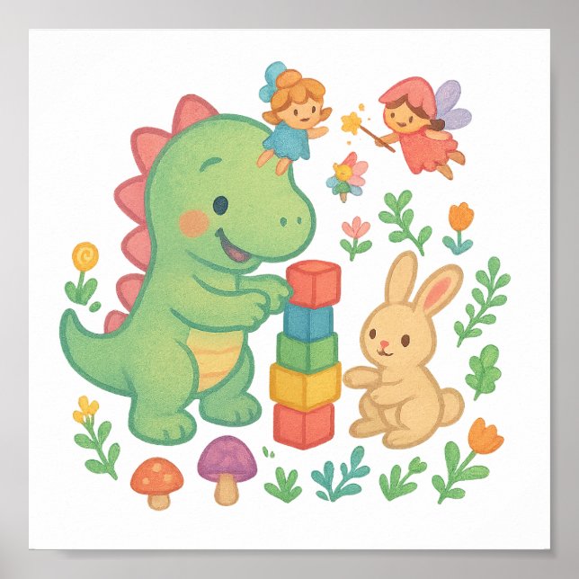 Poster Magique Dino & Bunny - Cute Fairy Tale Amis Pos (Devant)