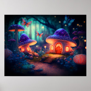 Poster Magique Fairy Garden Papillons Champignons Cottage