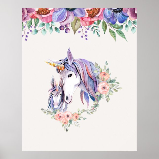 Poster Magique Unicorne maman & bébé aquarelle (Devant)