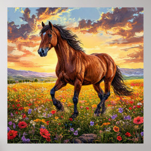 Poster Magnifique cheval brun en course