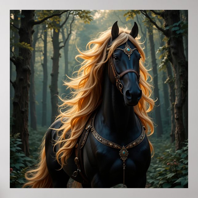 Poster Magnifique cheval noir à la crinière flottante (Devant)