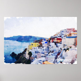 Poster Magnifique Mykonos Grèce Panorama Voir Vintage