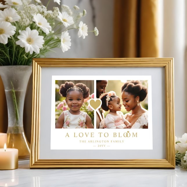 Poster Magnifique Romantique Coeur d'Or 2 Photos Famille (Exquisite Romantic Faux Golden Heart 2 Photos Family Poster. )