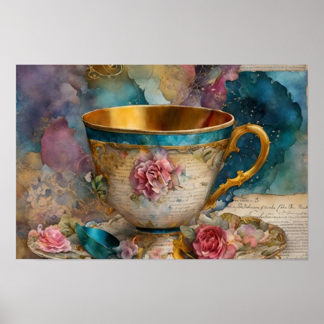 Poster Magnifique Teacup Média Mixte Peinture Collage (Devant)