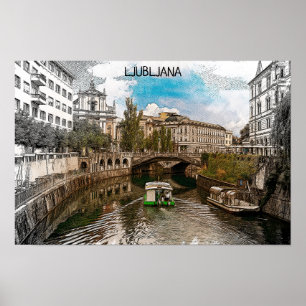 Poster Magnifique Vintage Ljubljana Slovénie Vue panorami