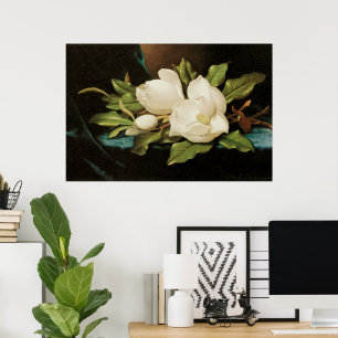 Poster Magnolias géant sur un tissu de velours bleu par M
