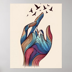 Poster Main à Horizon - Les oiseaux s'envolent des sommet