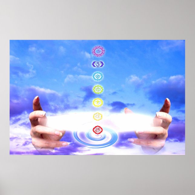 Poster Main guérisseur, énergie, symboles chakra, bleu (Devant)