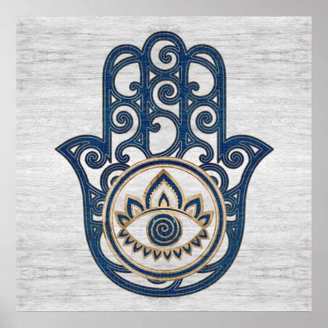 Poster Main Hamsa - Main Fatima en bois bleu (Devant)