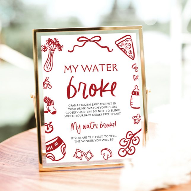 Poster Main tiré italien My Water Broke Baby shower Jeu (Hand Drawn Italian My Water Broke Baby Shower Game Sign)