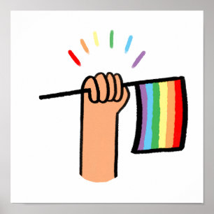 Poster Main tirée main agitant un drapeau arc en ciel