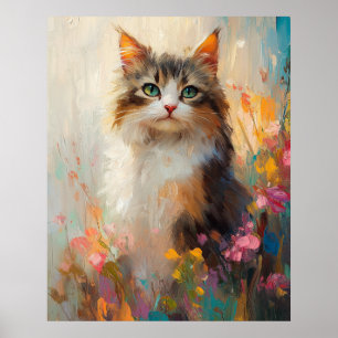 Poster Maine Coon aux yeux verdoyants dans les fleurs pri