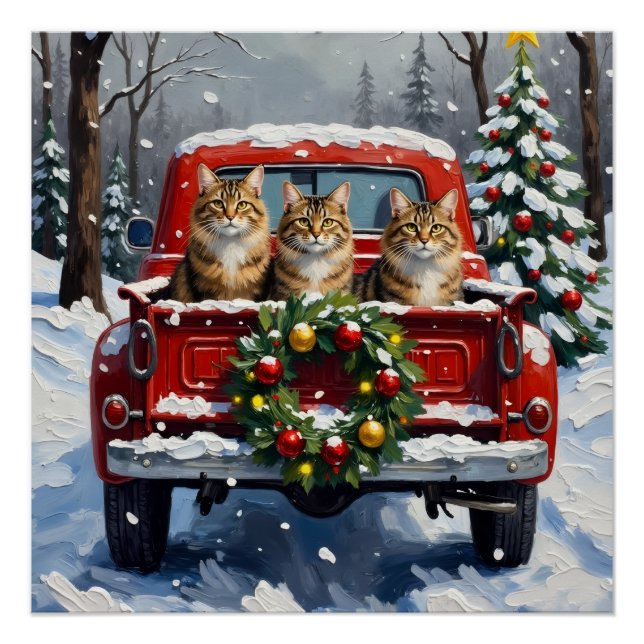 Poster Maine Coon Christmas Red Truck Holiday (Devant)