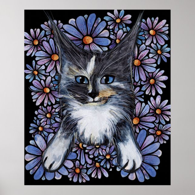 Poster Maine Coon Dilute Calico Cat Purple Daisy (Devant)