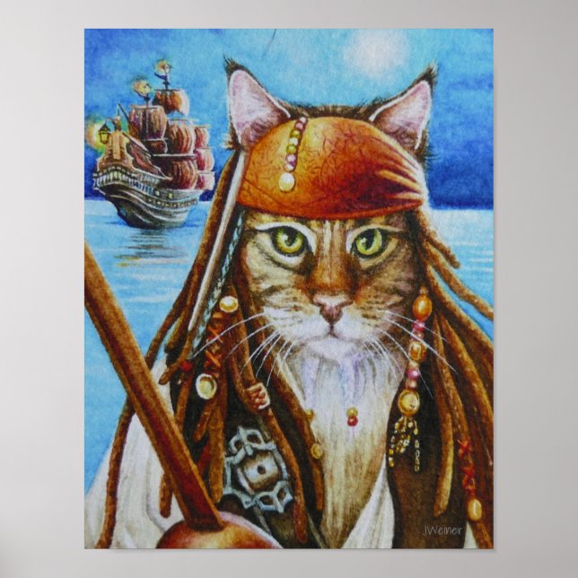 Poster Maine Coon Pirate Cat Jack & Ship Aquarelle 11x14 (Devant)