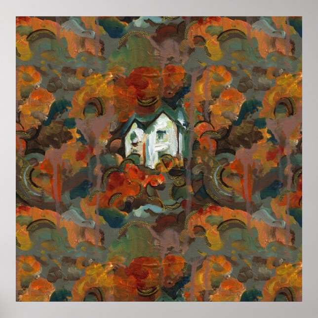 Poster Maison Blanche et arbres d'automne (Devant)
