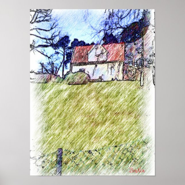 Poster maison blanche sur la colline (Devant)