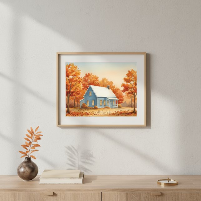 Poster Maison Bleue Rustique dans la forêt d'automne aqua (Créateur téléchargé)