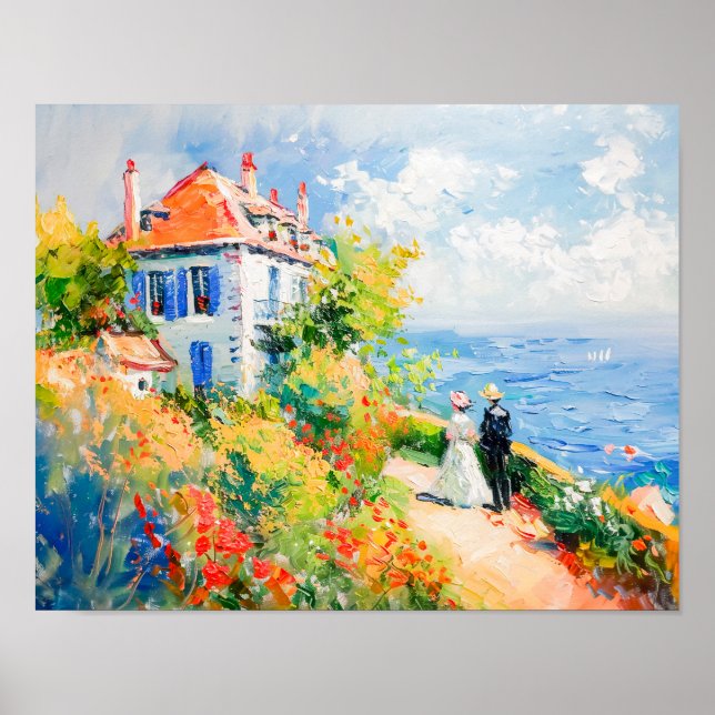 Poster Maison côtière avec Fleurs Impressionniste Seascap (Devant)