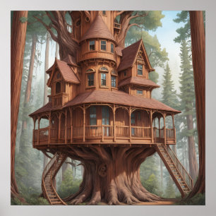 Poster Maison d'arbre victorienne ronde en bois de séquoi
