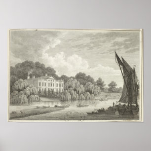 Poster Maison de campagne avec le lac et les bateaux