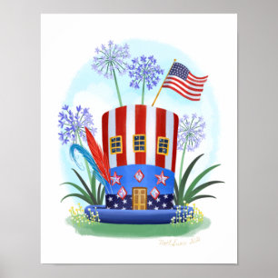 Poster Maison de Casquettes rouge blanc et bleu Imprimer