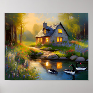 Poster Maison de pierre sur la rivière 3